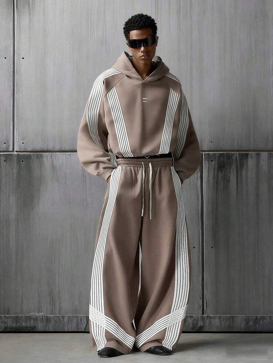 NEON BLANC Men's Hoodie And Trousers, Sporty Style, Striped Design, Loose Fit, Street Style. - Khaki - View 1