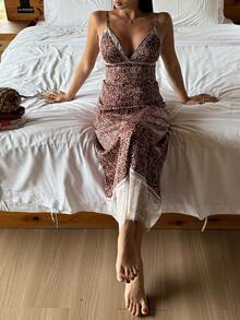 DAZY Summer Beach Vacation Floral Print Lace Patchwork Cinched Waist Back Camisole Dress For Women Pajamas - Brown - View 6
