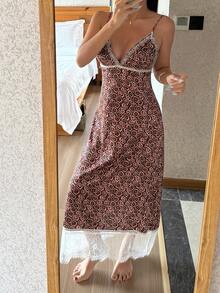 DAZY Summer Beach Vacation Floral Print Lace Patchwork Cinched Waist Back Camisole Dress For Women Pajamas - Brown - View 7