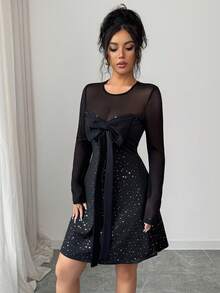 Rafferiza Black Mesh Patchwork Sequin Dress / Bow Tie Front Design / Sexy & Sweet Style / Long Sleeve / Fitted Slim Silhouette Short Dress - Black - View 4