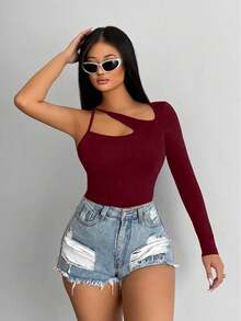 BamGleam Áo kiểu nữ thời trang, gợi cảm, màu trơn, bất đối xứng, khoét lỗ - Đỏ - Xem 3