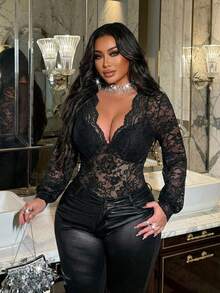 Reflora 大码女士时尚性感V领长袖连体衣 - 黑色 - 查看 9