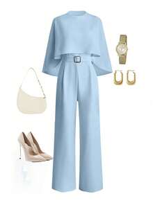 Pariaura 女士冬季法式优雅设计圆领披肩领金属扣腰带修身休闲连体裤 - 淺藍色 - 查看 3