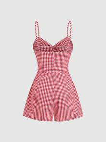 Sweetra 红色格子扭结镂空吊带露背系带宽松短裤连体裤，女士优雅简约通勤休闲时尚春夏装扮 - 紅色 - 查看 2