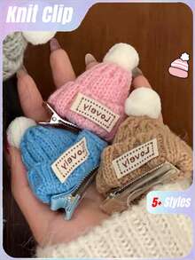 1件创意毛线针织帽发夹，少女甜美刘海夹，多功能前侧碎发发饰 - 彩色 - 查看 1