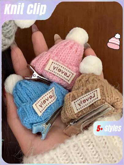 1件创意毛线针织帽发夹，少女甜美刘海夹，多功能前侧碎发发饰