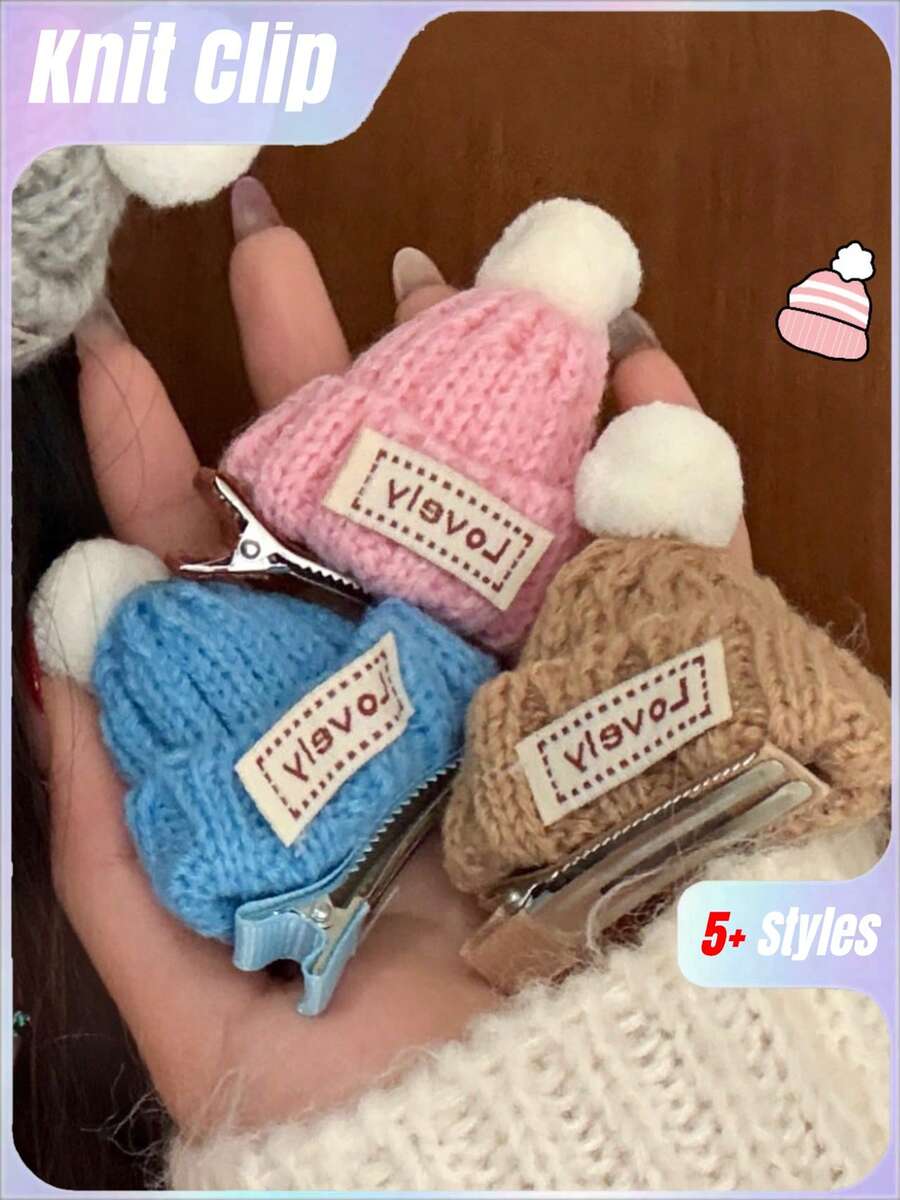 1件创意毛线针织帽发夹，少女甜美刘海夹，多功能前侧碎发发饰 - 彩色 - 查看 1