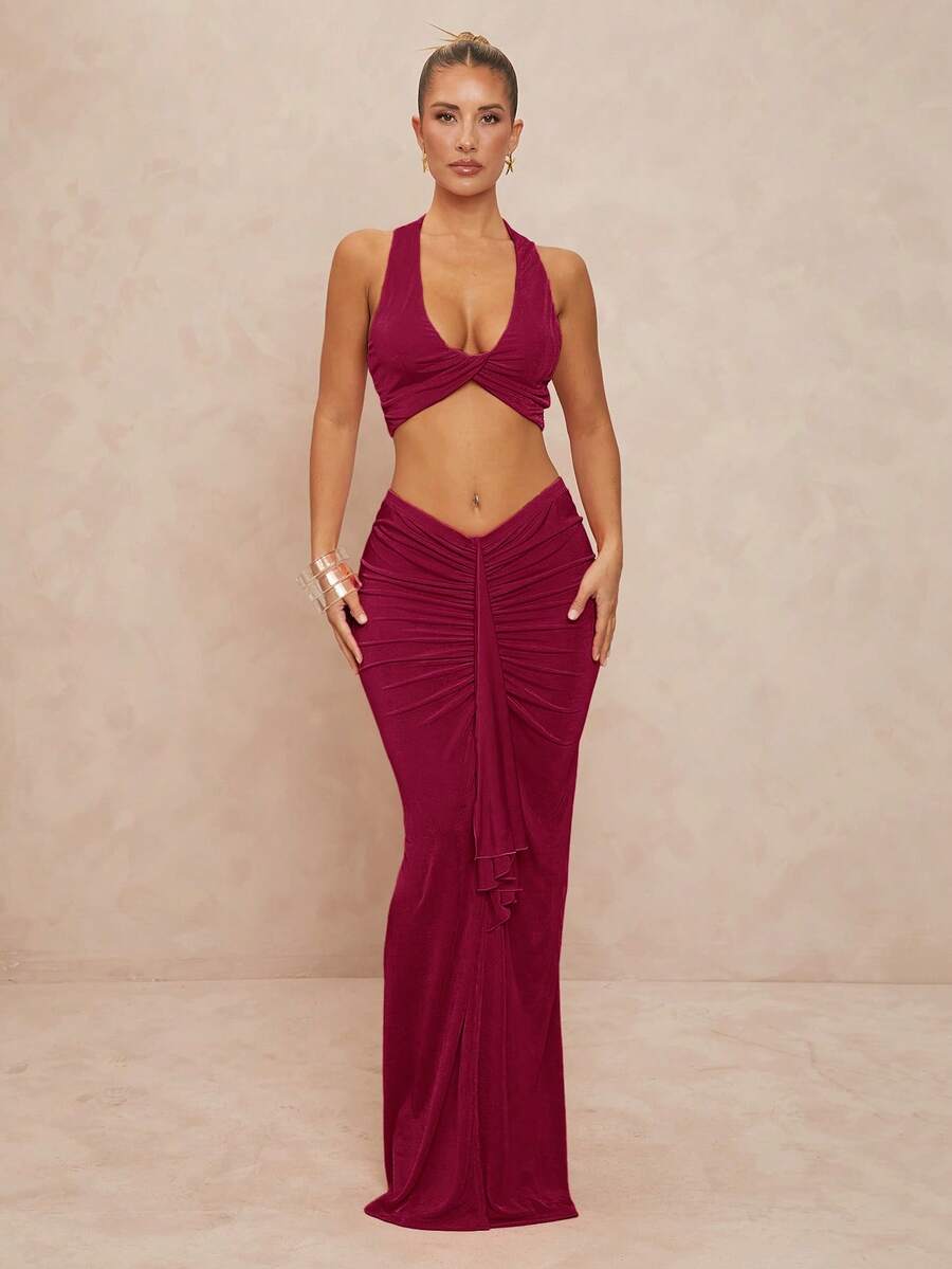 Lumalex Bộ 2 món đồ nữ dáng chữ U, dây xoắn, eo thấp, xếp ly, ôm sát cơ thể. - Màu Đỏ Sâu - Xem 1