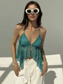 Aloruh Nueva blusa corta con estampado floral tropical naranja, de escote profundo en V y espalda descubierta, adecuada para salir, la playa y vacaciones - Verde Oscuro - Ver 3