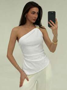 Aloruh Damen asymmetrischer Saum Metall Dekor Pendler Bluse mit Taillierung, Sommer Ein-Träger Top Schulterfrei Oberteil für Frauen Party Weiß Elegante Party Nacht - Weiss - Übersicht 6