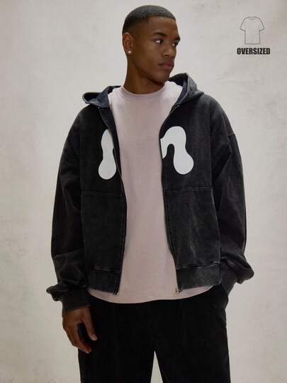 Musero 超大款连帽拉链“M”品牌标志印花水洗毛衣运动套装外套（仅限外套）冬季必备