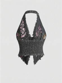 ROMWE J-Fashion 女士复古摩托车日系时尚新款中国风刺绣露背性感牛仔上衣 - 淺灰色 - 查看 2