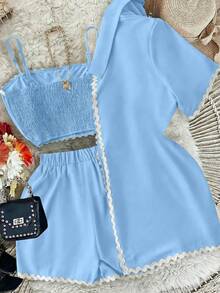 GlowEve Women's Contrast Trim Spaghetti Strap 3 PiecesCasual Set, Summer - Baby Blue - View 2