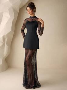 Coutiva 女士立领长袖网纱拼接优雅收腰正式晚礼服（装饰款） - 黑色 - 查看 7