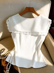GlowEve Women's Lace Trim Bow Tie White T-Shirt Top - White - View 2