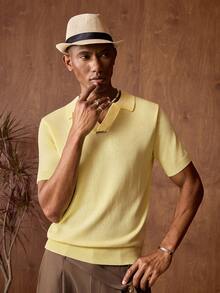 AKNOTIC Business Casual Men's Solid Color Polo Collar Short Sleeve Casual Knit Top - Yellow - View 4