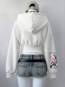 Lalippa Y2K风格女式花卉图案印花拉链卫衣，时尚街头休闲薄外套 - 白色 - 查看 2