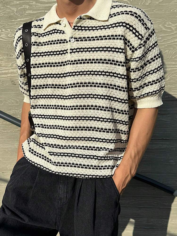 Men's Striped Jacquard Polo Collar Short Sleeve Knit Top, Summer