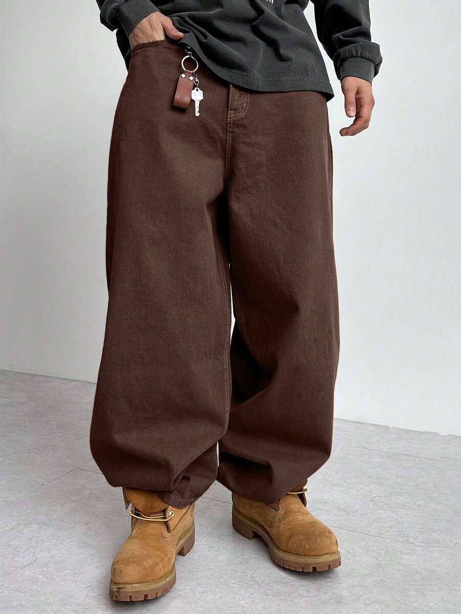 DAZY Jeans de hombre de color camello sólido con aspecto vintage lavado, otoño - Marrón - Ver 1