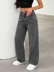 SHEIN Cottnline Women's Loose Casual Everyday Versatile Jeans With Pockets And Buttons - Light Grey - View 4