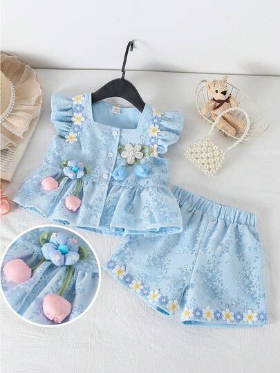 Young Girl' Light Blue 2-Piece Set With 3D Floral Decor, French Style, Cute Flutter Sleeves, Princess Shorts Set, Ideal For Children's Birthday Party, Summer Outings, Kindergarten, Weekend Strolls