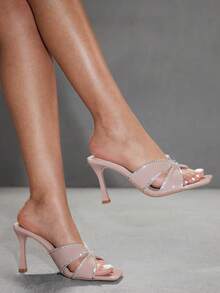 CUCCOO SZL 女士方头水钻链条套脚高跟凉鞋，性感时尚优雅派对礼服凉鞋，夜店露趾细高跟鞋 - 粉色 - 查看 5