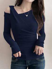 DAZY Áo thun dài tay phối vai 2 trong 1 thanh lịch dành cho nữ, dáng ôm, thích hợp cho mùa xuân và mùa hè. - trắng - Xem 3