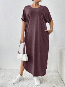 SHEIN Essnce 大码女装春夏新款时尚通勤休闲口袋开衩长款睡袍连衣裙 - 中紫紅色 - 查看 3