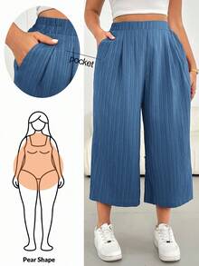 Shapeblank Pantalon large rose à taille élastique en tissu texturé, confortable et ample, pour femmes grandes tailles. Pantalon ample, style simple, européen, d'été, 7/8, pour vacances - Bleu azur - Voir 1