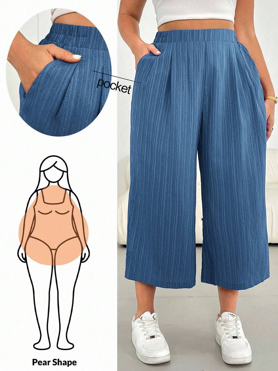 Shapeblank Pantalon large rose à taille élastique en tissu texturé, confortable et ample, pour femmes grandes tailles. Pantalon ample, style simple, européen, d'été, 7/8, pour vacances - Bleu azur - Voir 1