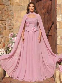 Aureia Áo choàng dáng chữ A bằng chiffon màu hồng sen thanh lịch, sang trọng, cỡ lớn, cổ áo buộc eo, thích hợp cho tiệc tối, hẹn hò, dạ hội, kỳ nghỉ, đám cưới, sự kiện trang trọng. - Bụi hồng - Xem 4