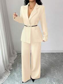 Rafferiza Bộ vest nữ màu trơn gồm áo blazer và quần tây, trang phục công sở trang trọng. - Màu be - Xem 4