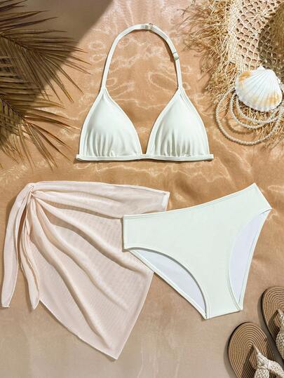 SHEIN Tween Girls Tankinis, Casual Beige Three Piece Swimsuit Set+Skirt Fashionable Casual Exquisite Gorgeous Lady Suitable For Swimming Suitable For Summer Vacation, Beach Beach, Swimming Pool, Summer Party Leisure Vacation. Bikini Set Women Bathing Suit Set 3 Piece Swimsuit Set
