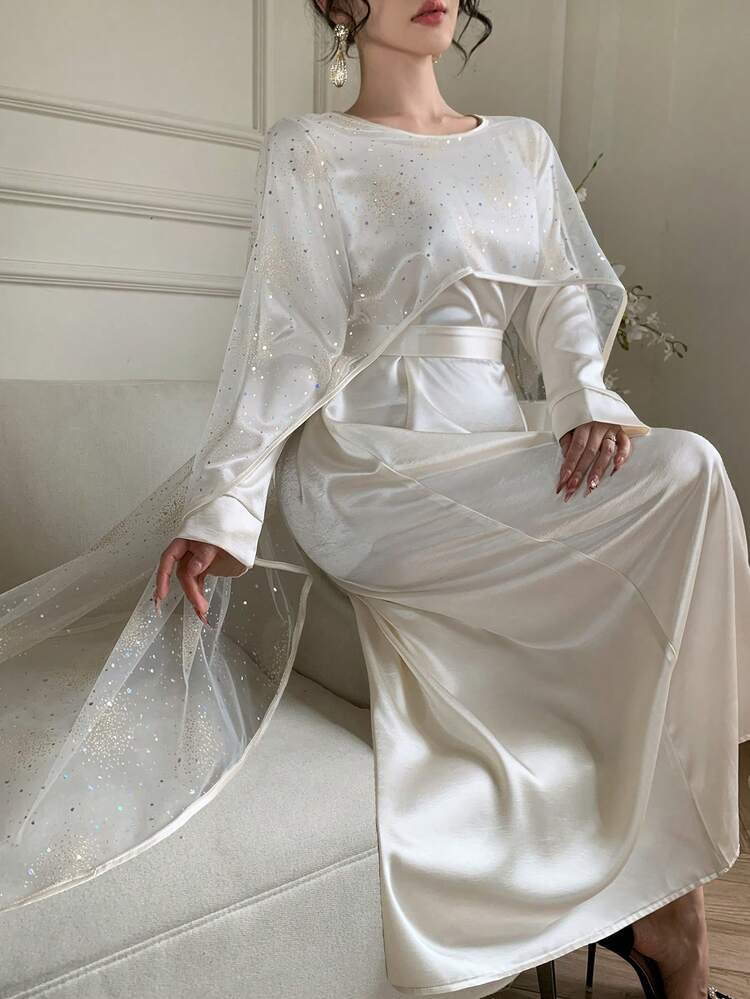 Spring & Summer White Shiny Sequin Satin 2 In 1 Shawl Collar Formal Dress, Elegant Fit & Flare Midi Gown With Long Sleeves, Waist Belt For Wedding, Party, Prom Sundress