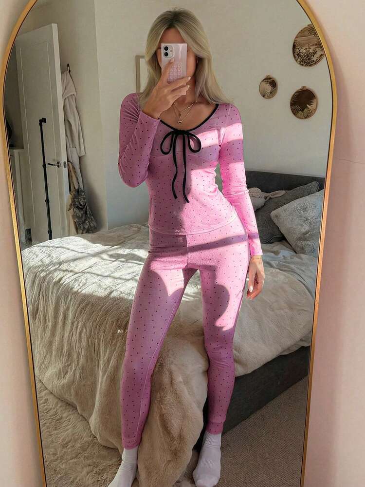 2pcs Women's Polka Dot Contrast Trim Tie Collar Slim Fit Pajama Set, Autumn/Winter