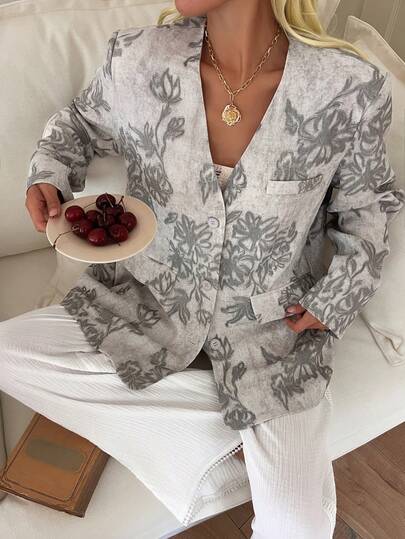 Livesso Floral Print V-Neck Loose Casual Blazer Jacket For Women
