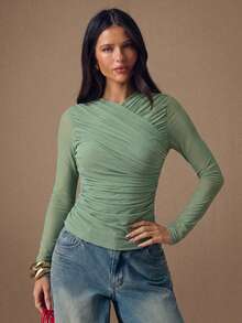 SHEIN BAE 女士纯色短袖交叉裹身长袖修身T恤 - 薄荷綠 - 查看 5