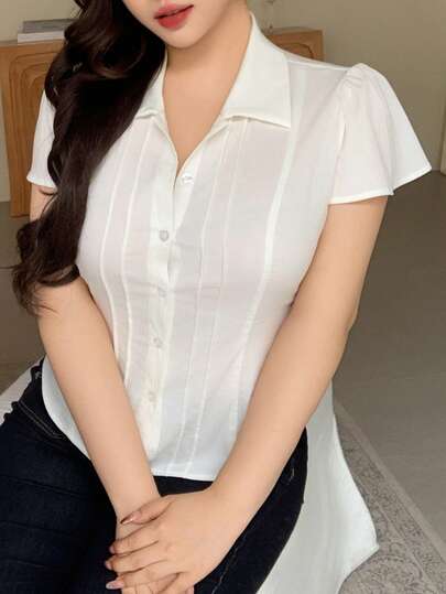 Dazy Plus Plus Size Solid Color Button-Down Collar Shirt, Suitable For Everyday Wear