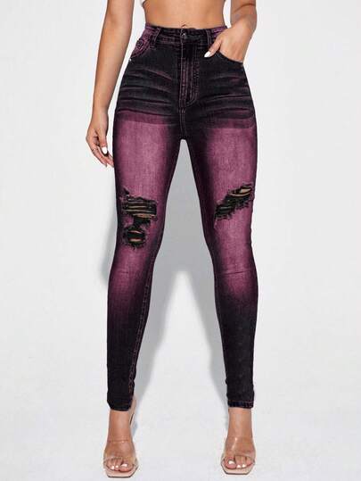 EMERY ROSE Contrast Color Pocket Distressed Casual Skinny Fit Jeans