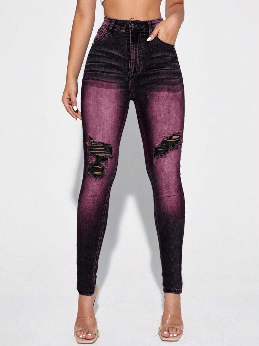 EMERY ROSE Jeans ajustados informales con bolsillo de color contrastante y desgastados - Negro - Ver 1