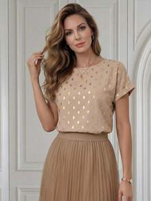 EMERY ROSE Women's Leopard Batwing Sleeve Shirt, Summer Teacher Shirts Leopard Shirt Women Blouses,Short Sleeve Tops - Khaki - View 3