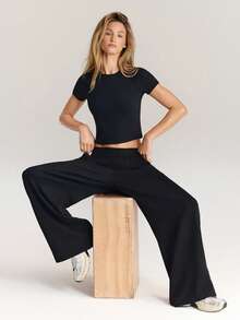 GLOWMODE Modal Ribbed Wide-Leg Built-In Adjustable Drawstring Waist Active Pants With Side Pockets Daily Casual Wear Fall Winter - Black - View 5