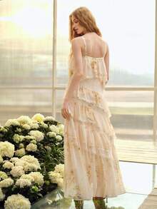 MOTF PREMIUM WOMEN'S FLORAL PRINT RUFFLED LAYERED ROMANTIC SPAGHETTI STRAP DRESS, SPRING/SUMMER - Apricot - View 9