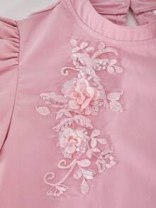 ChillGRL Girls Elegant Puff Sleeve Dress, Featuring 3D Bow, Embroidered Sequin Chest Flower, Mesh Ruffle Trim, Comes With Handbag, Suitable For Casual Wear In Spring/Summer - Pink - View 5