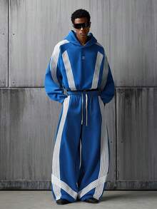 NEON BLANC Men's Hoodie And Trousers, Sporty Style, Striped Design, Loose Fit, Street Style. - Blue - View 2