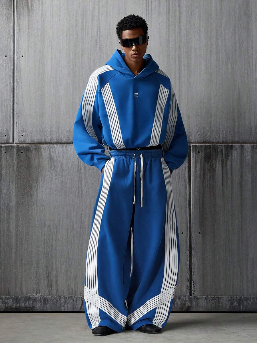 NEON BLANC Men's Hoodie And Trousers, Sporty Style, Striped Design, Loose Fit, Street Style. - Blue - View 1