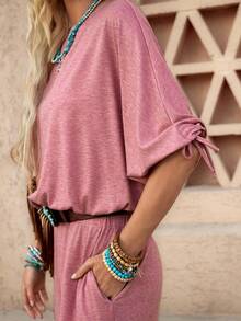 Wildy BOHO American Casual Western Country Retro Women Spring/Summer Basic Outfit Casual Wear Commute Pocket Short Sleeve T-Shirt And Pants 2 Pieces Set - Dusty Pink - View 7