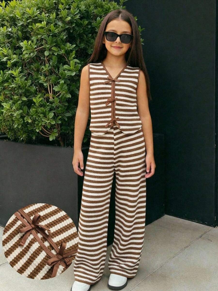 SHEIN 2pcs/Set Girls' Cute Bow Striped Outfit - Multicolor - View 1