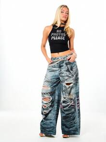 SUMWON WOMEN Cropped Rhinestone Graphic Tank Top With Statement Text Print Perfect For Festival Party Concert Casual Summer Streetwear - Black - View 3