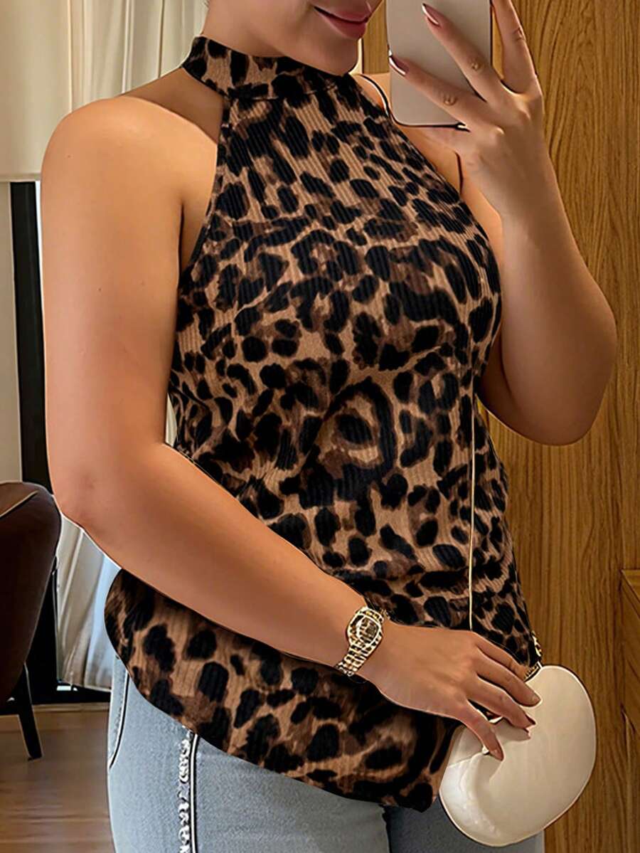 SHEIN Tall CURVE Plus Size Women's French Casual Elegant Leopard Print Sleeveless Camisole Sleeveless Animal Print Top Leopard Print Top Animal Print Top Cheetah Print Top Women Sleeveless Tops - Multicolor - View 1